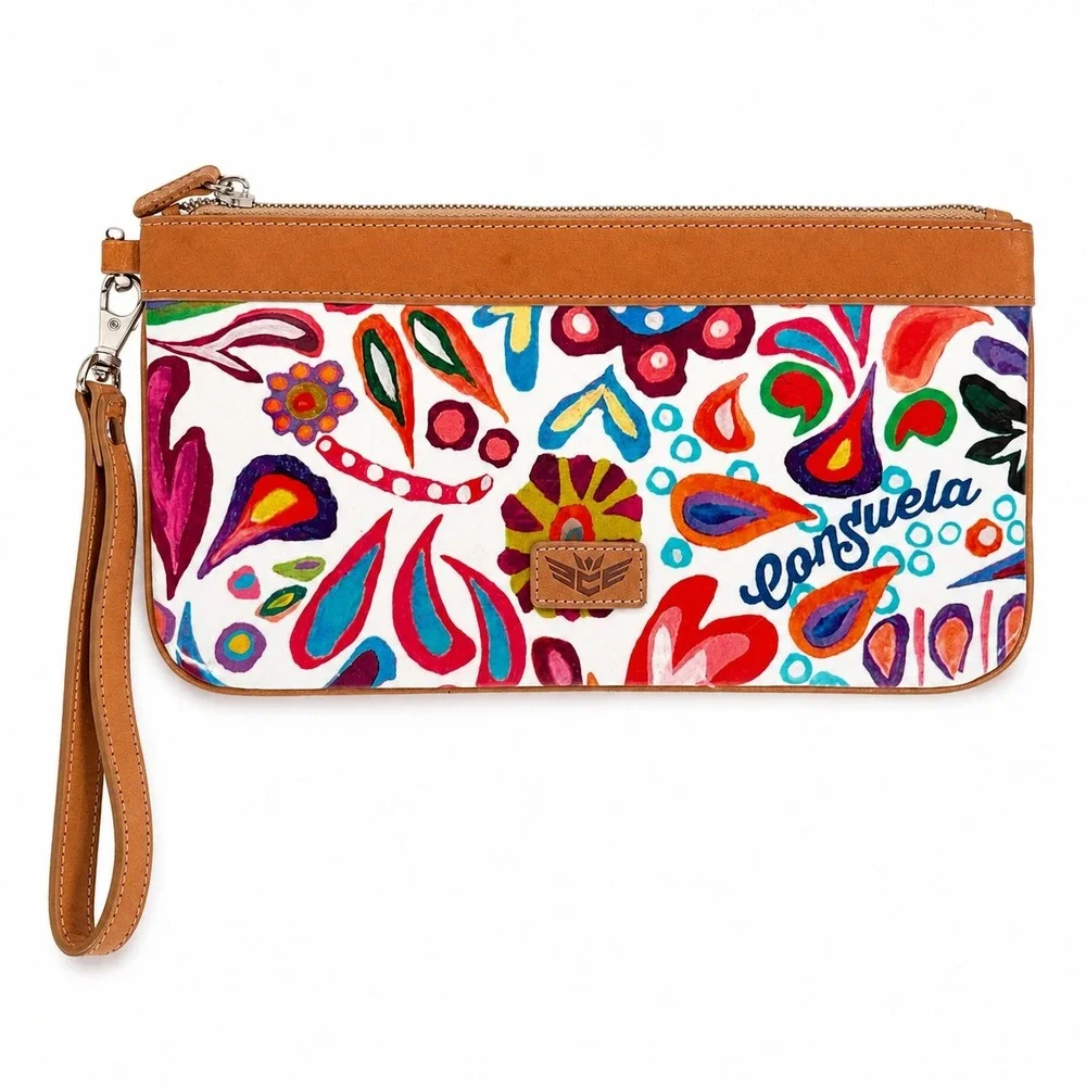 Consuela White Swirly Legacy Wristlet Clutch Wallet Floral Striped Leather Trim